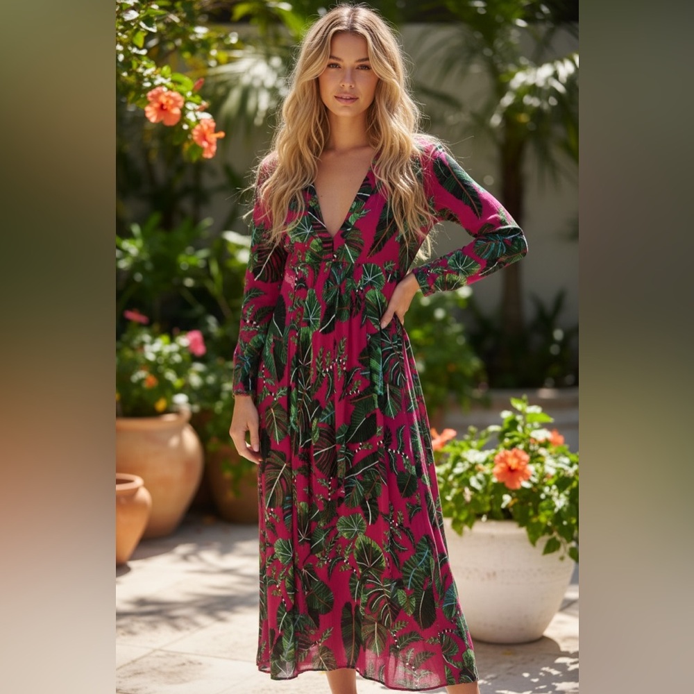 FARM Rio Pink Tropical-Print Maxi Dress